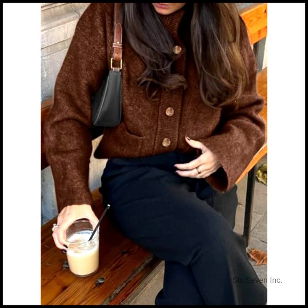 Chunky Knit Cardigan Sweater Button Down Mock Neck Open Front Winter Casual - Picture 3 of 7